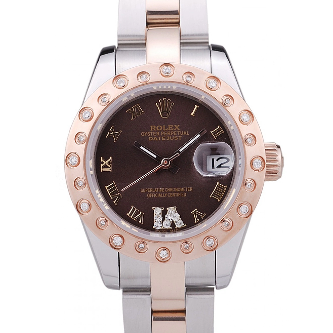 Aaa replica watch Gold Polished Brown Rose Diamonds Dial Rolex Bezel Datejust 7475 0707